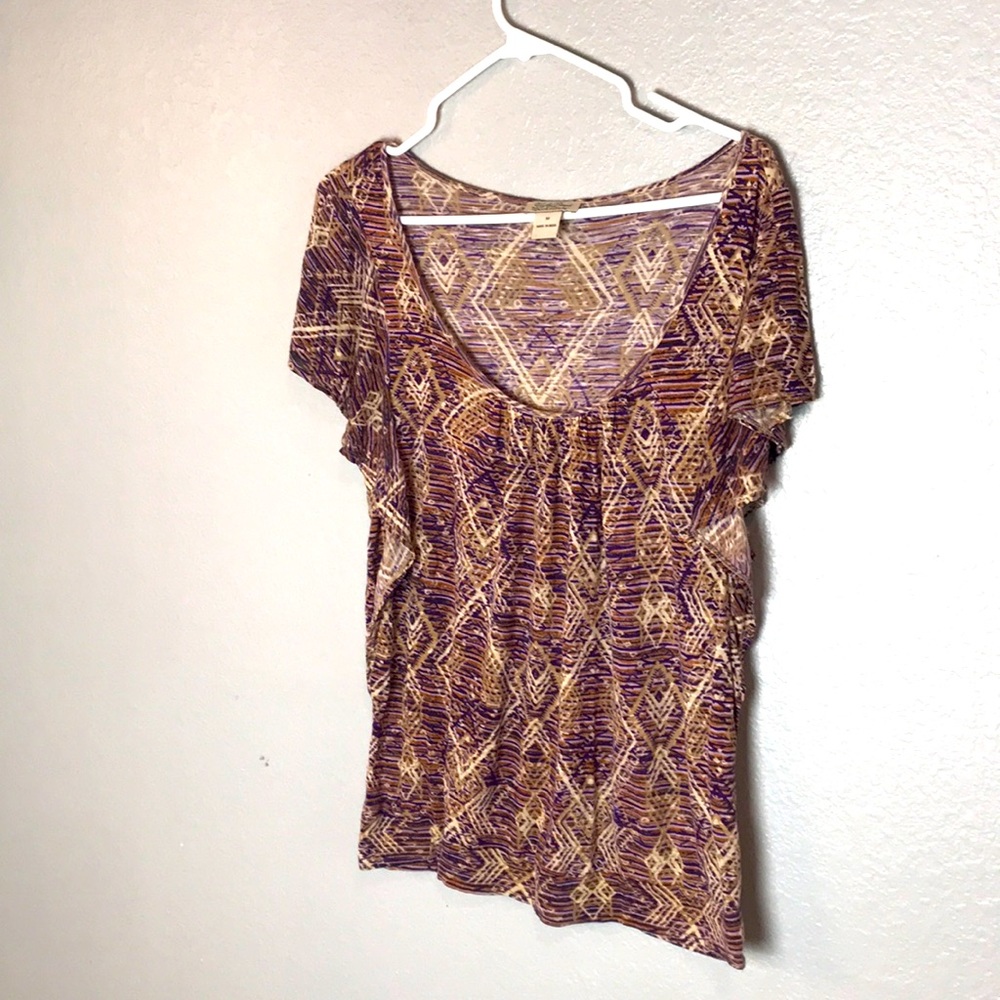 Lucky Brand tan and purple Aztec design shirt Sz S